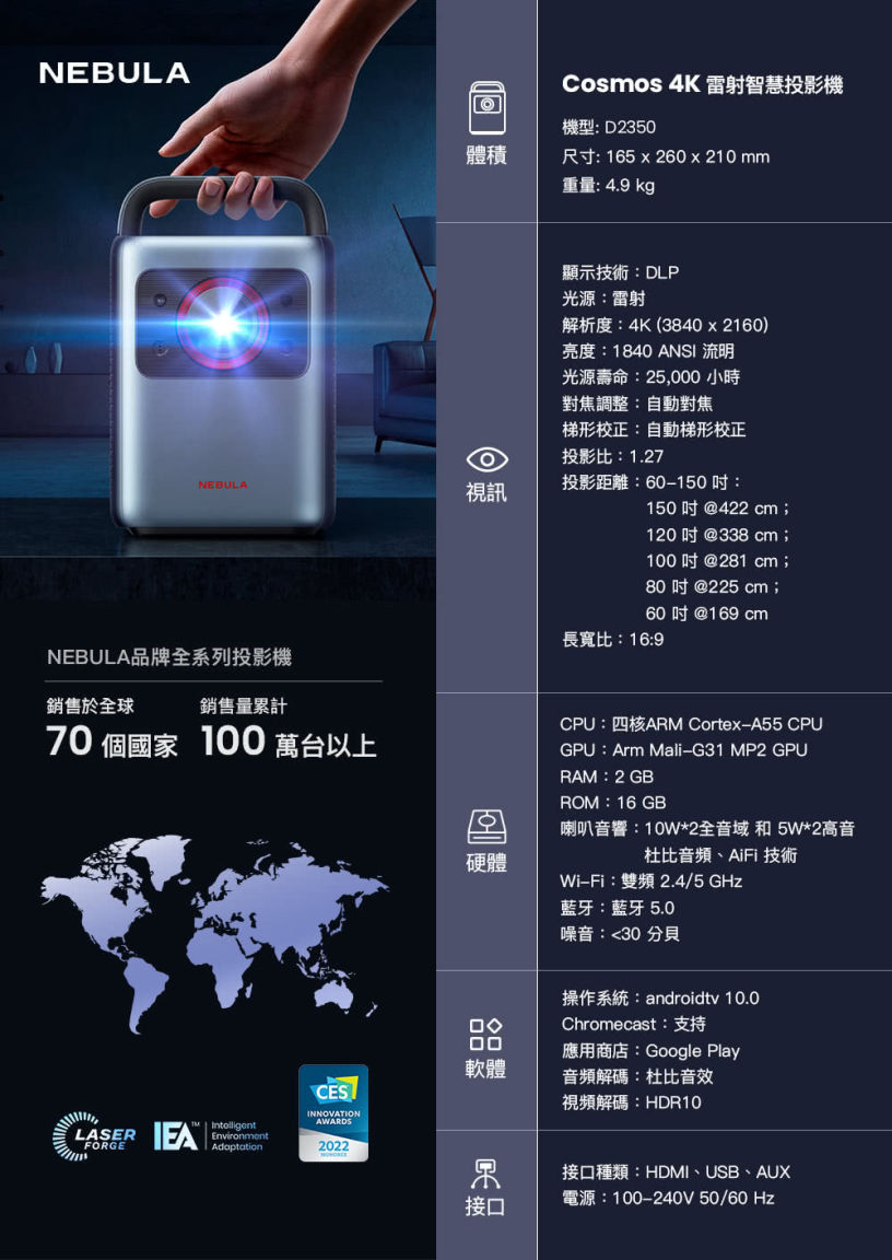 NEBULA Cosmos 4K 雷射智慧投影機